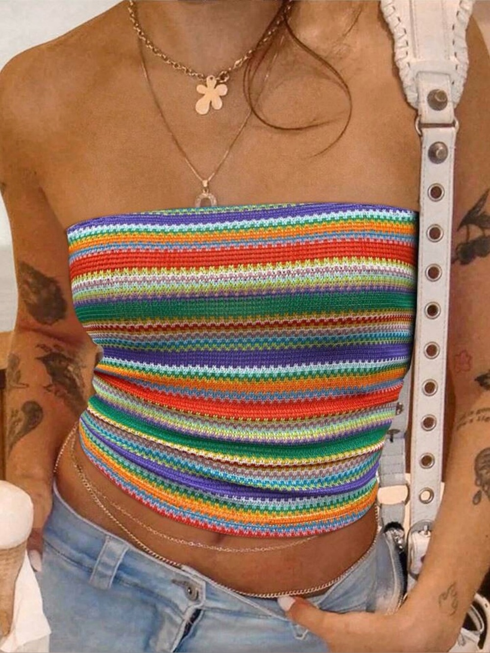 SHEIN Multicolor Striped Knit Bandeau Crop Top